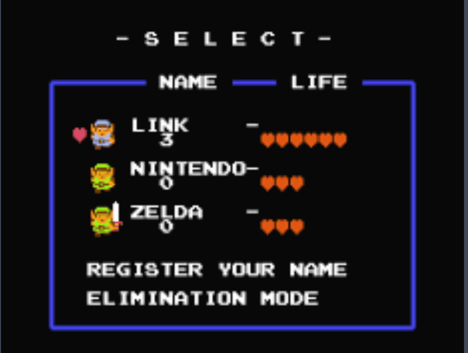 Original NES — User account select screen